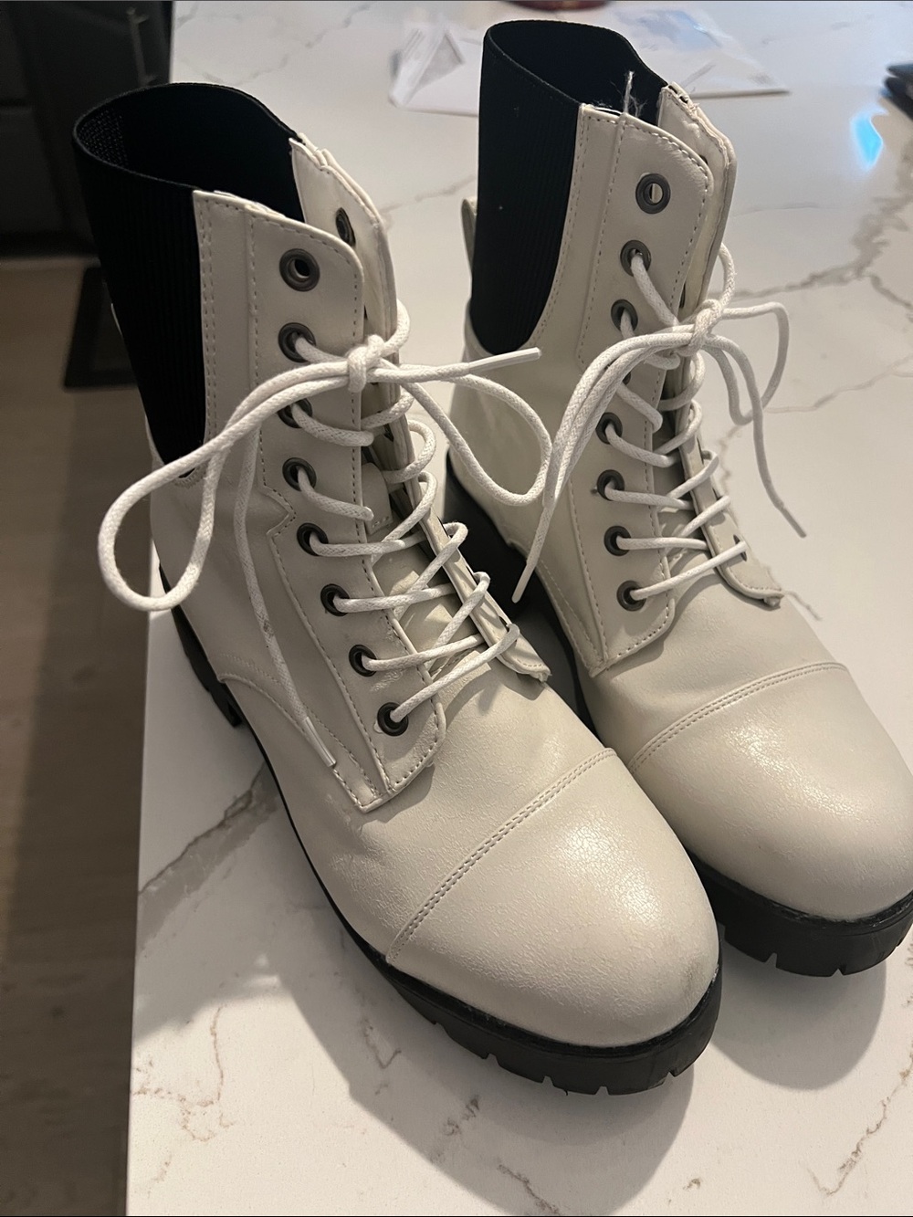 Seven7 White Lace-Up Combat Boots with Black Ankle Panel